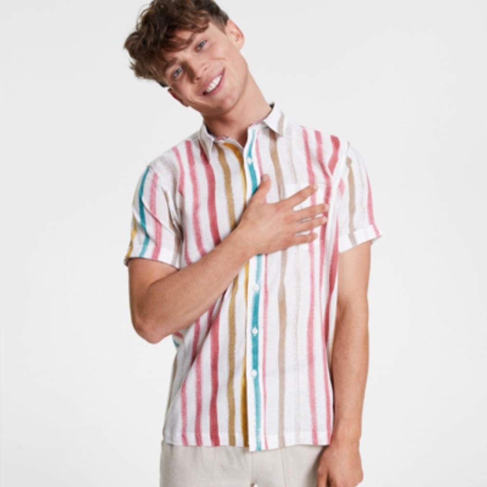 Sun+Stone Men’s Silas Regular Fit Texture Stripe Print Linen Shirt